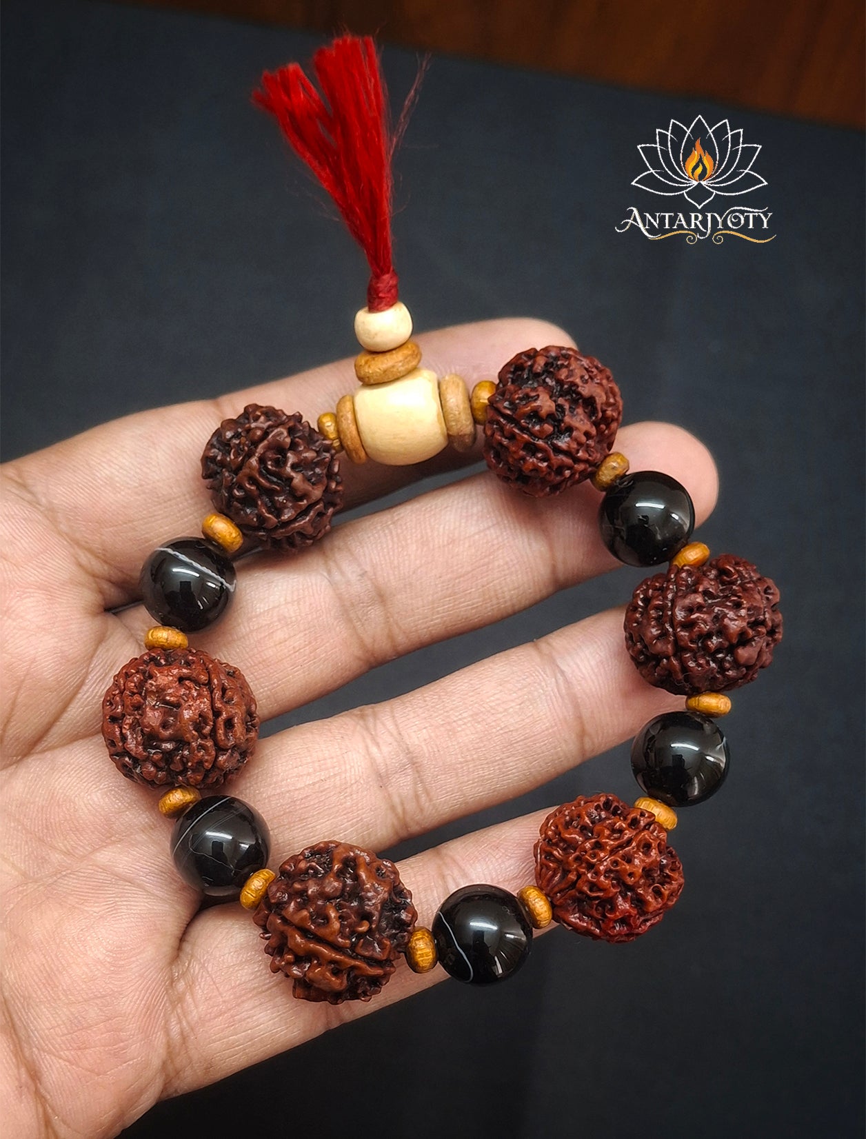5 Mukhi Rudraksha with Black Agate stone Bracelet