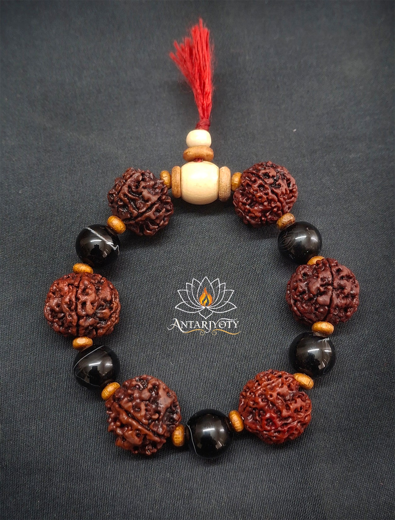 5 Mukhi Rudraksha with Black Agate stone Bracelet