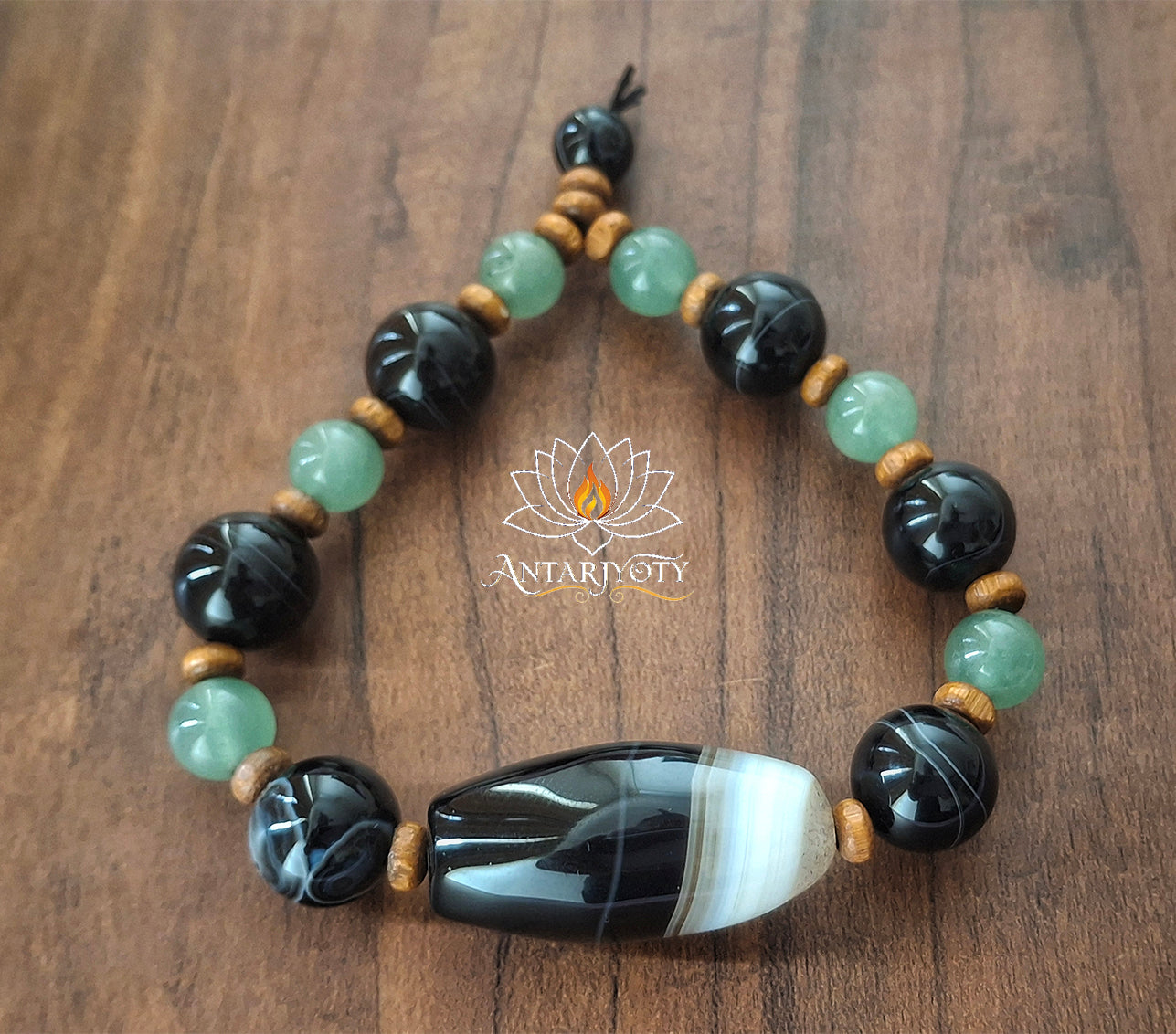 Black Banded Agate Stone with Green Aventurine Money Protection Bracelet