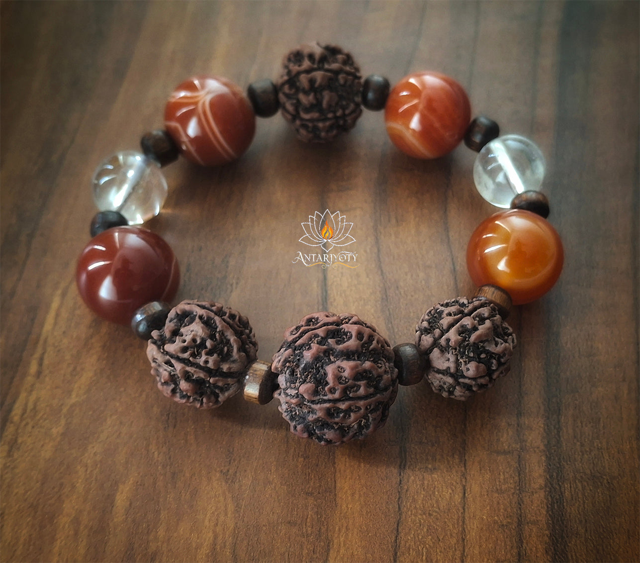 5 Mukhi Rudraksha With Carnelian Stone and Clear Quartz Bracelet