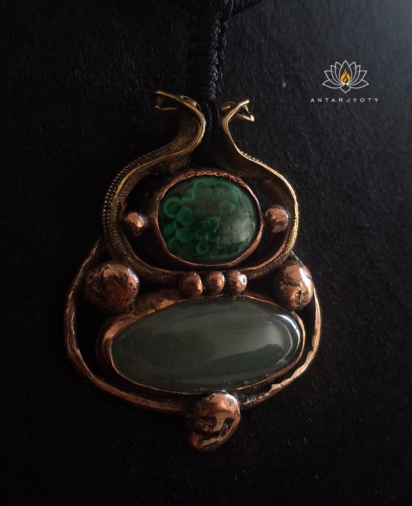 Malachite And Green Aventurine Serpent Vintage Copper Pendant