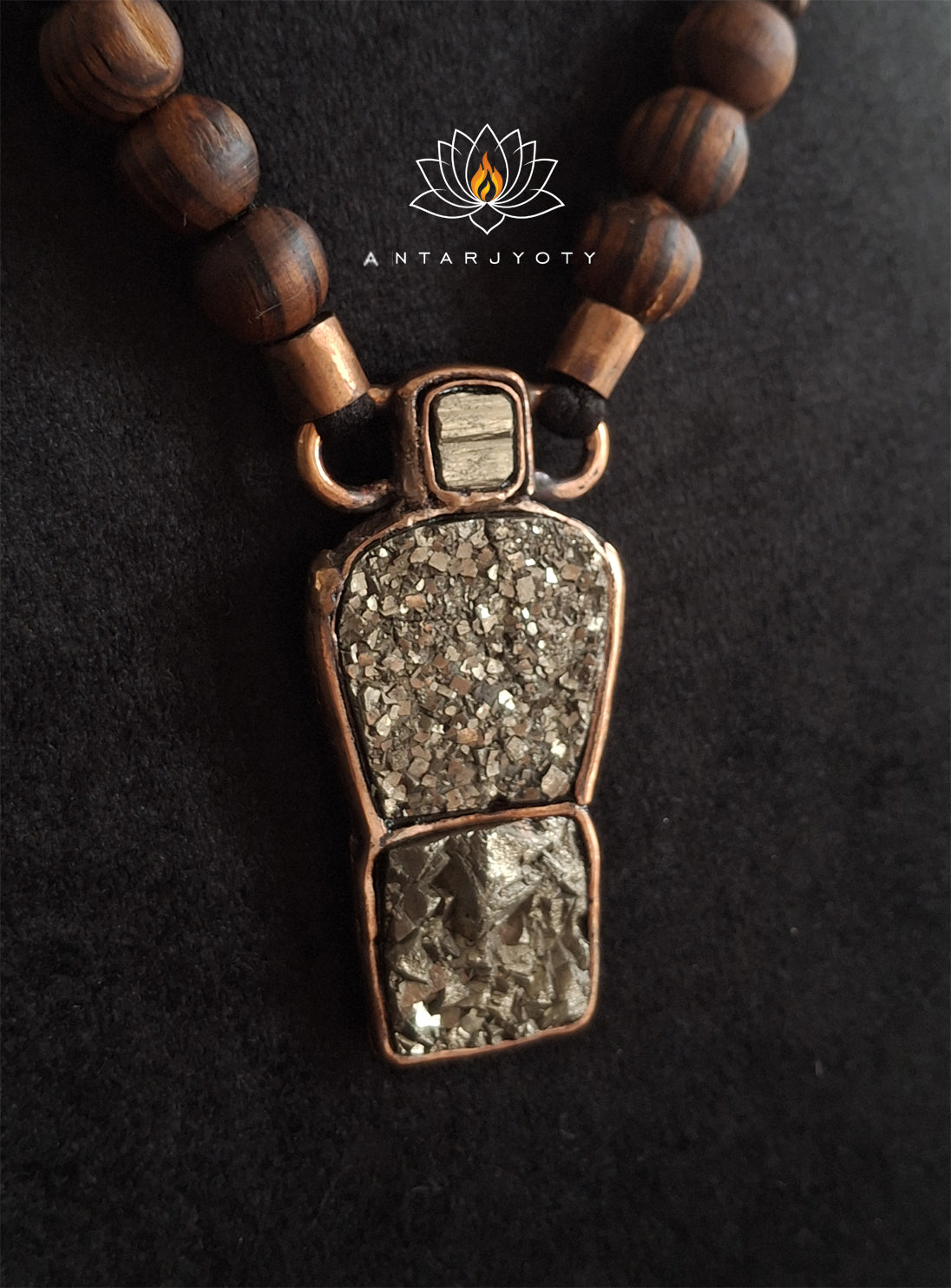 Pyrite Pendant made with Pinewood and vintage Copper