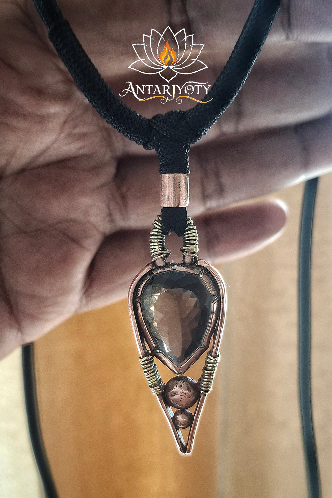 Antique Handcrafted Smoky Quartz Copper Pendant