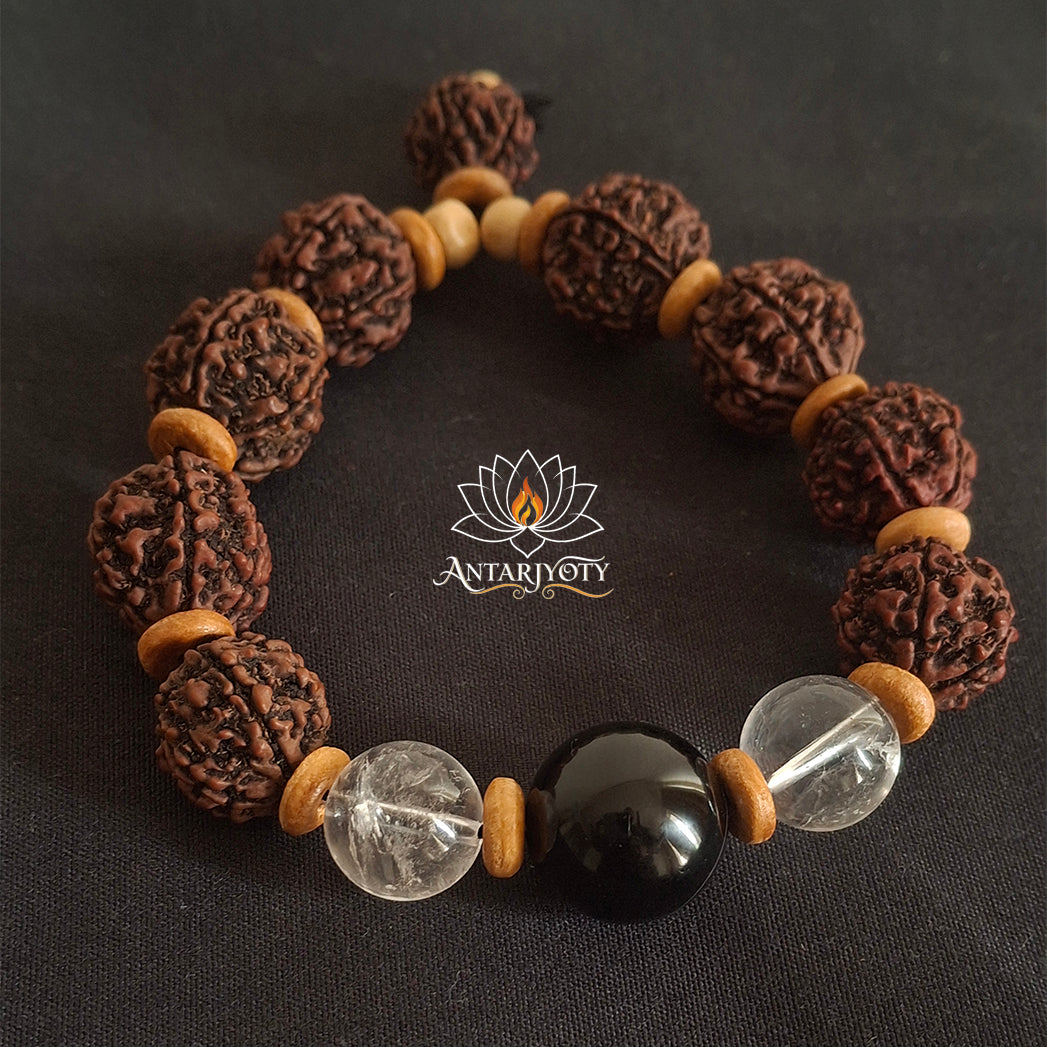 5 mukhi Rudraksha with black agate stone and sphatik