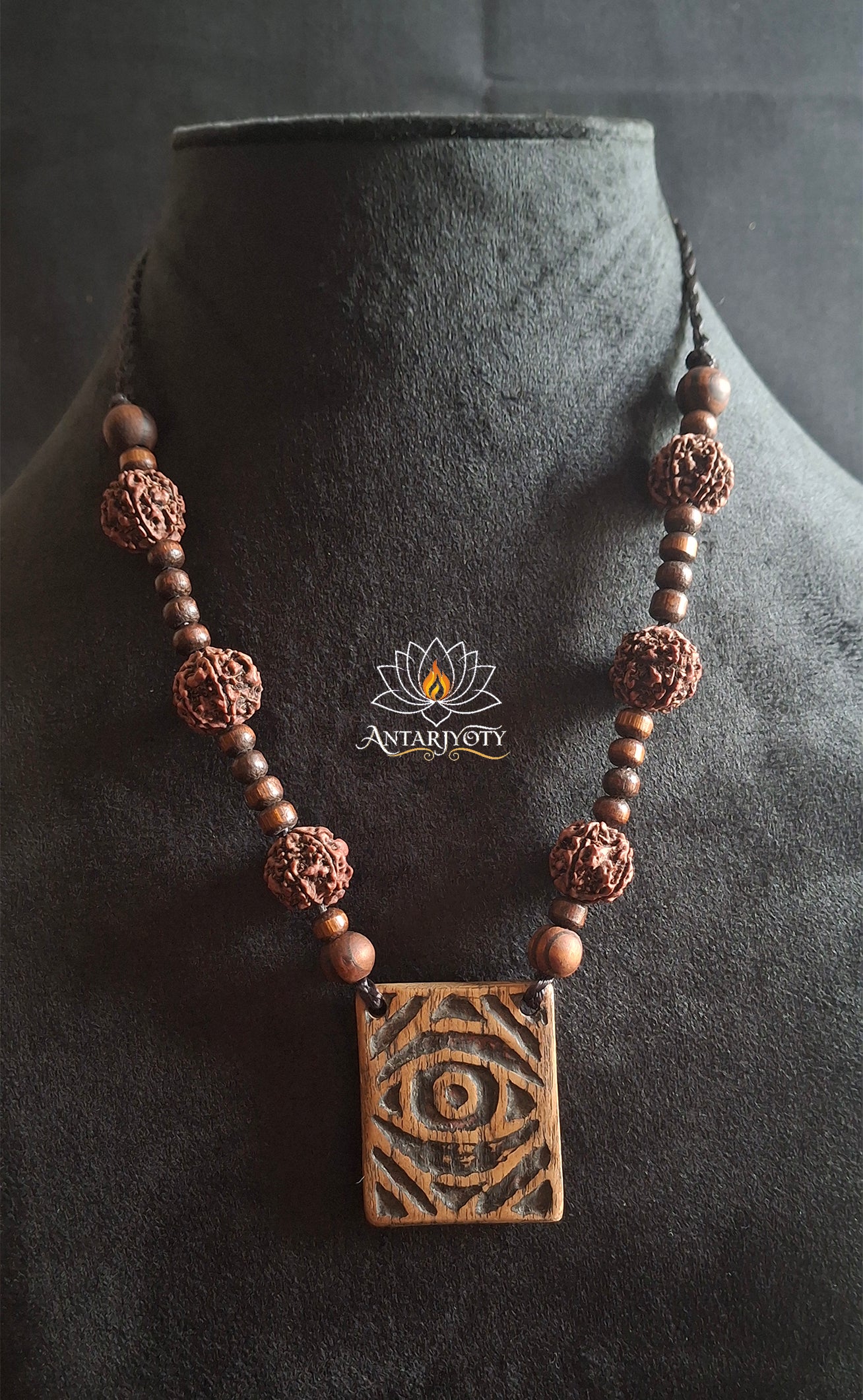 wooden evil eye 5 mukhi Rudraksha pendant