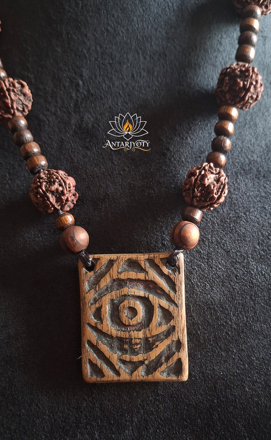 wooden evil eye 5 mukhi Rudraksha pendant