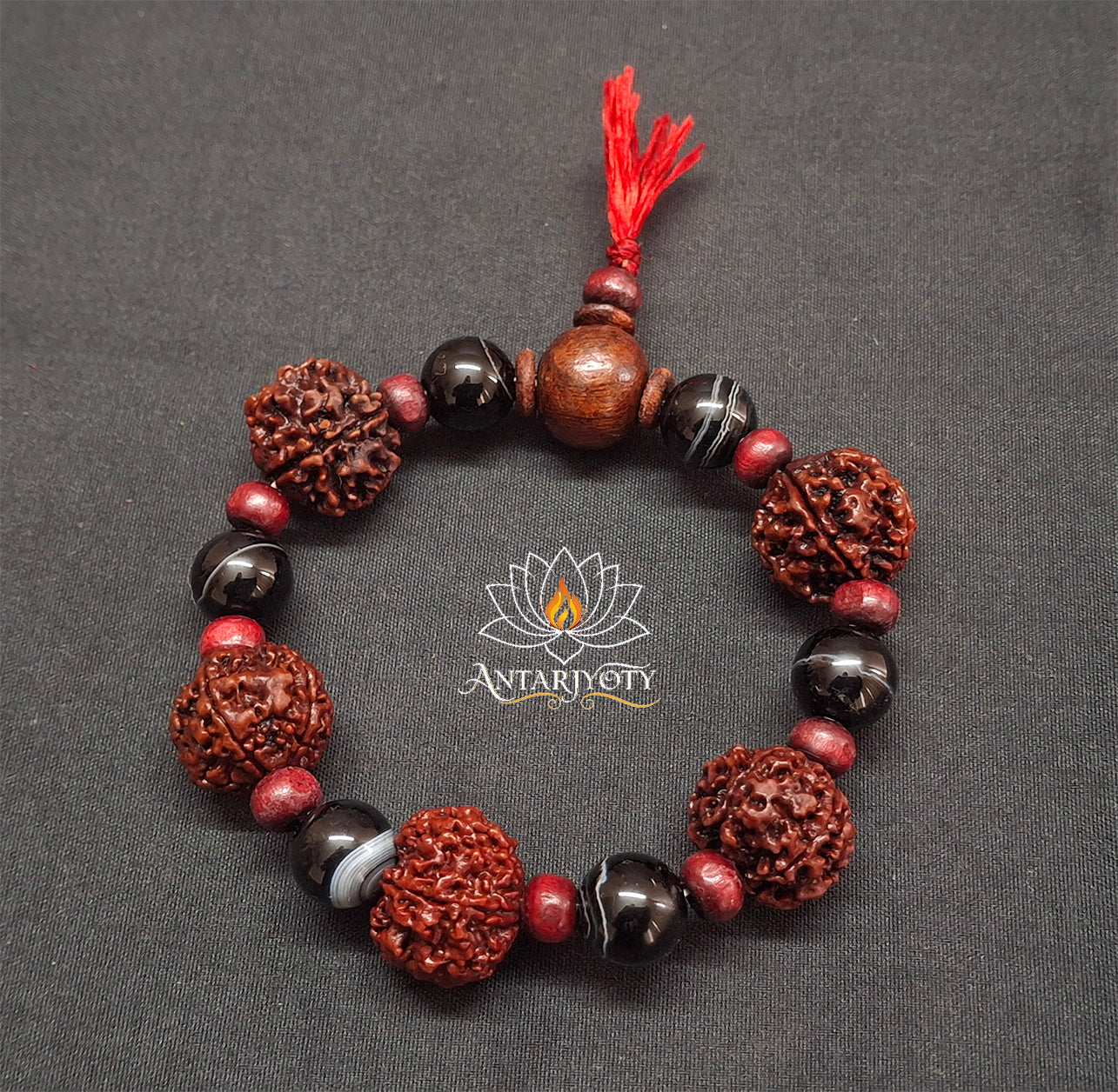 5 Mukhi Rudraksha with Black Agate stone Bracelet