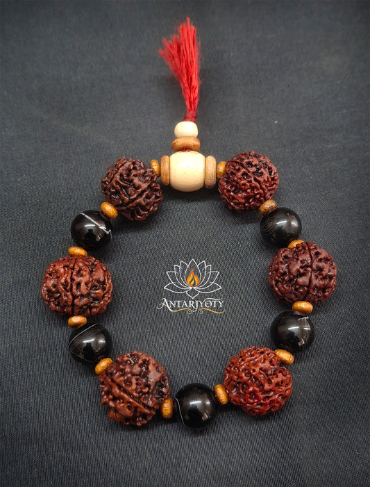 5 Mukhi Rudraksha with Black Agate stone Bracelet
