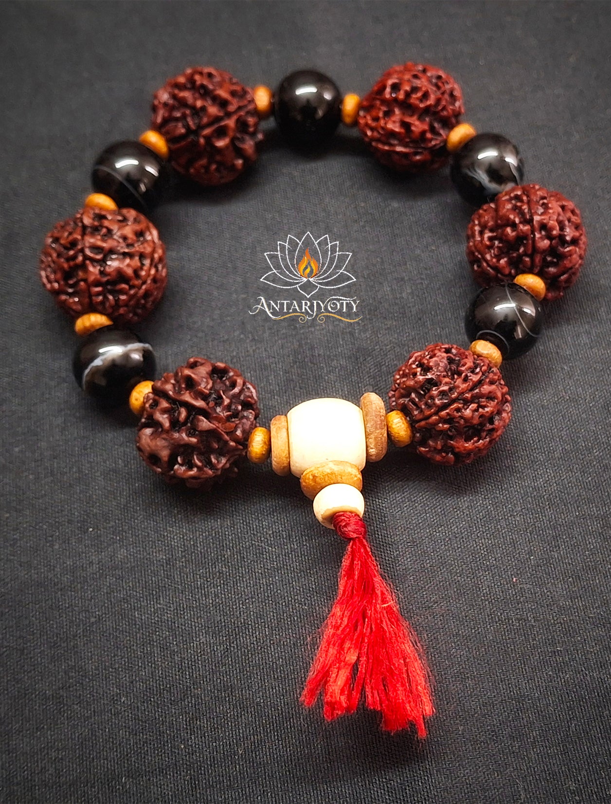 5 Mukhi Rudraksha with Black Agate stone Bracelet