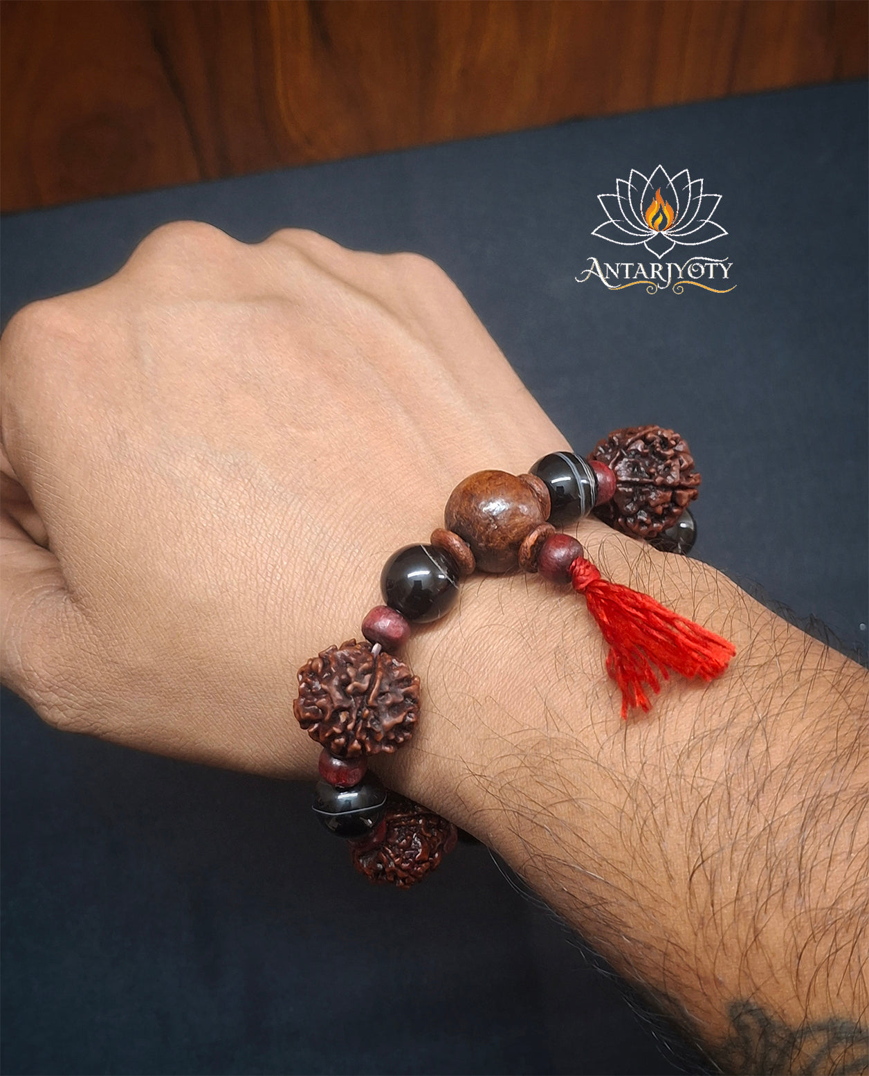 5 Mukhi Rudraksha with Black Agate stone Bracelet