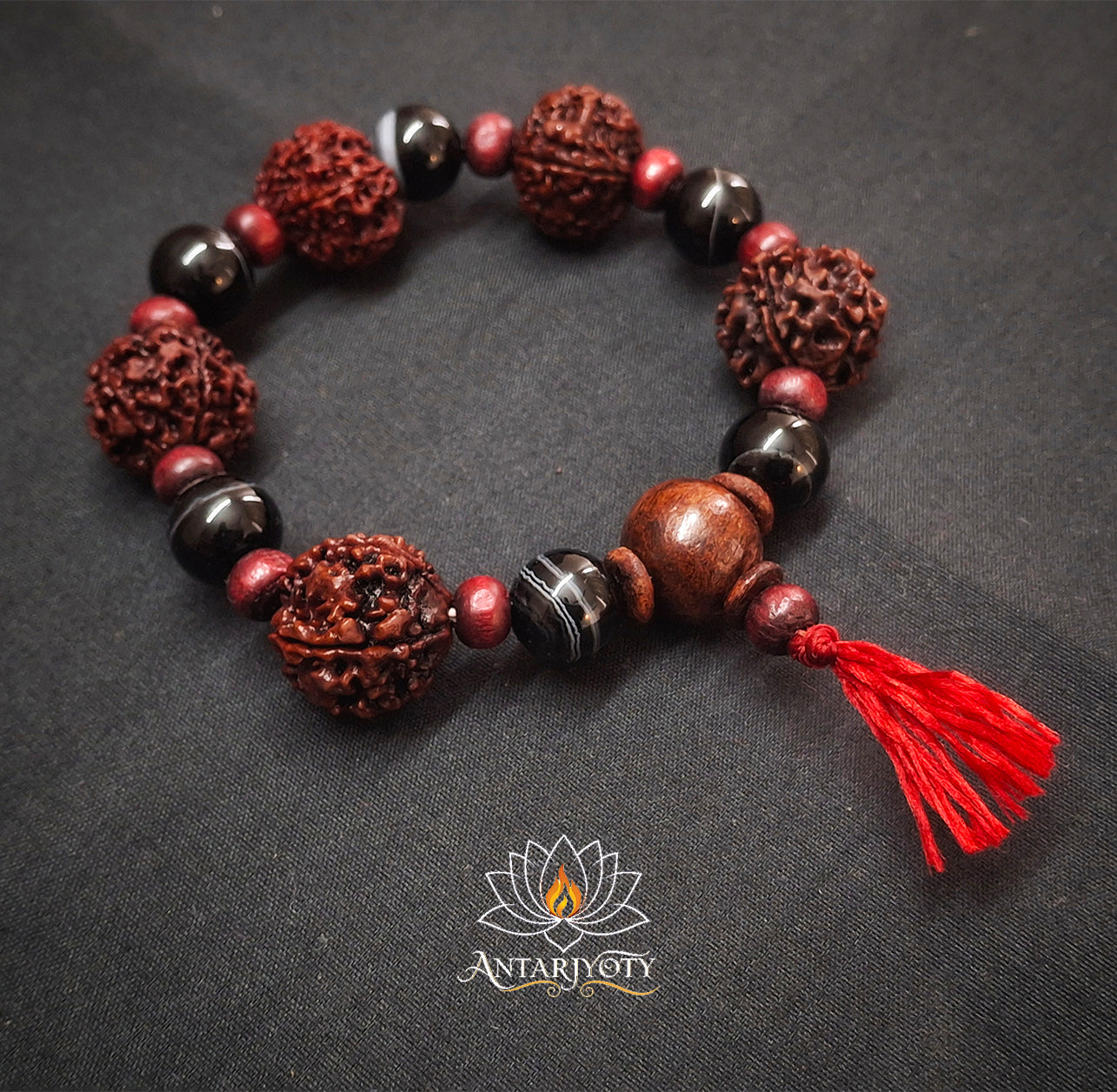 5 Mukhi Rudraksha with Black Agate stone Bracelet