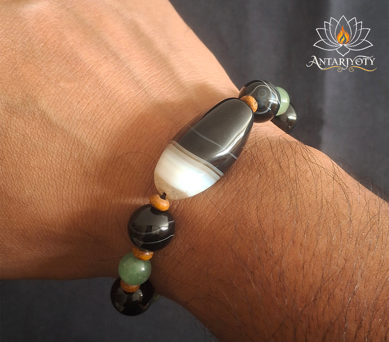 Black Banded Agate Stone with Green Aventurine Money Protection Bracelet