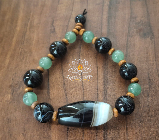 Black Banded Agate Stone with Green Aventurine Money Protection Bracelet