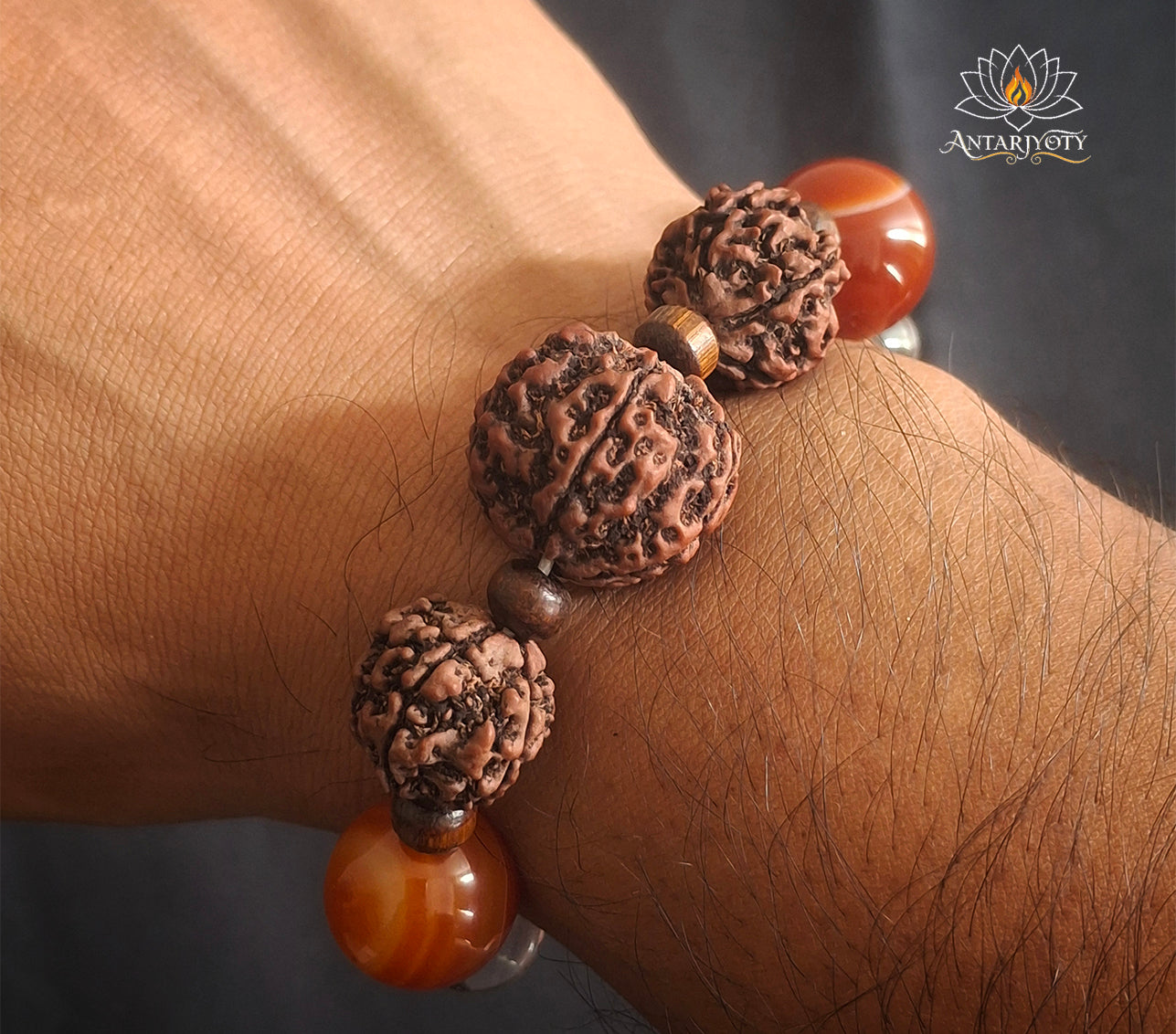 5 Mukhi Rudraksha With Carnelian Stone and Clear Quartz Bracelet
