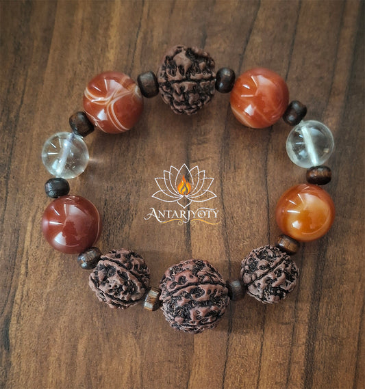 5 Mukhi Rudraksha With Carnelian Stone and Clear Quartz Bracelet