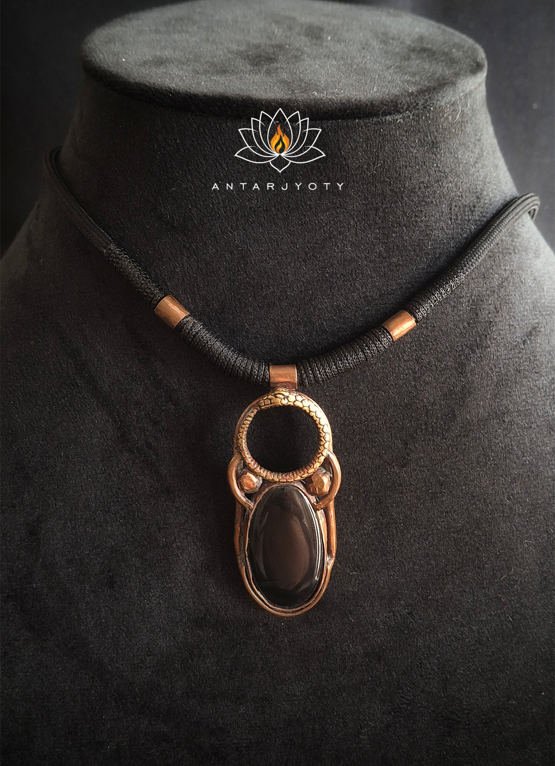 Black Onyx Stone Ouroboros Vintage Copper Pendant