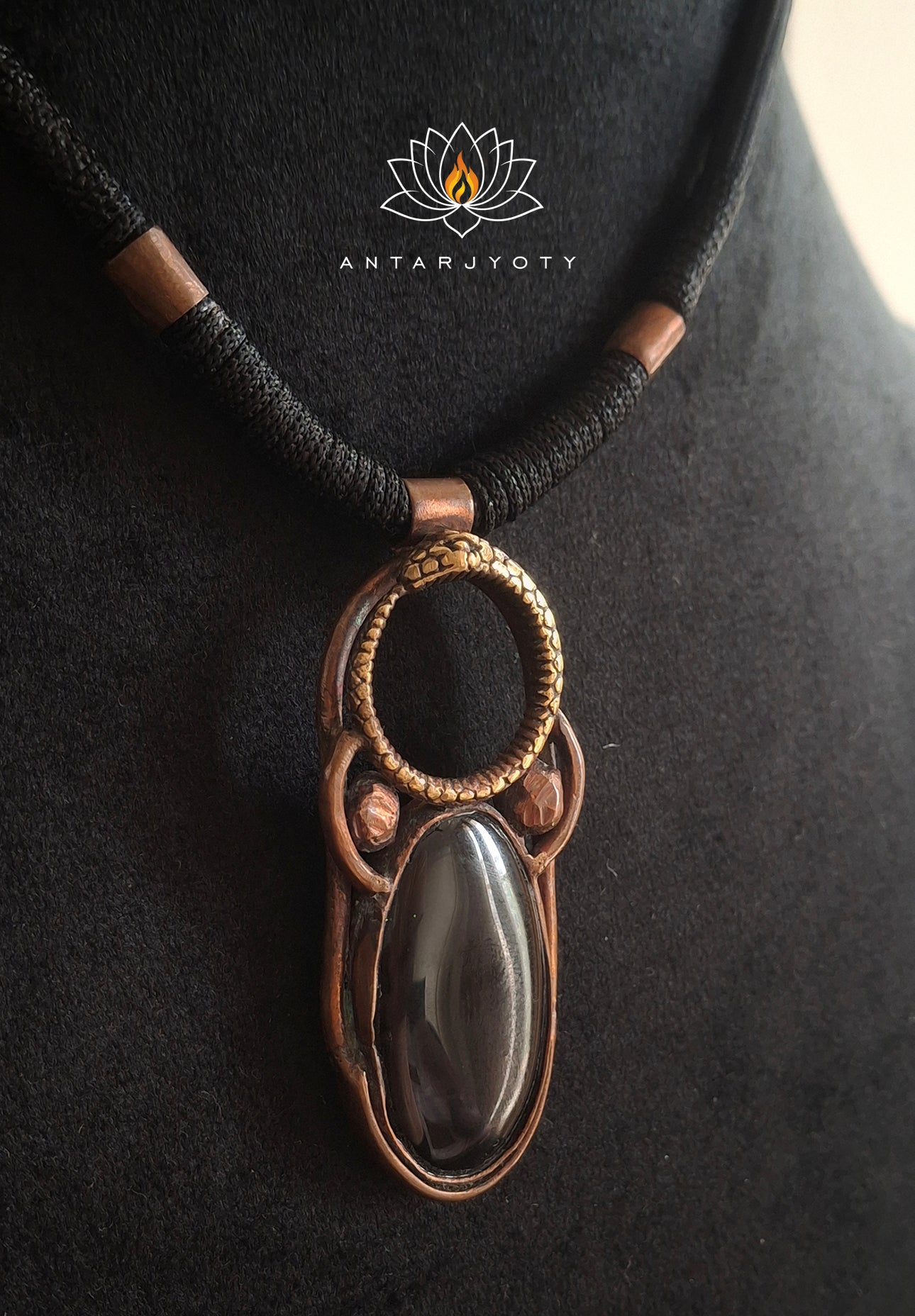 Black Onyx Stone Ouroboros Vintage Copper Pendant