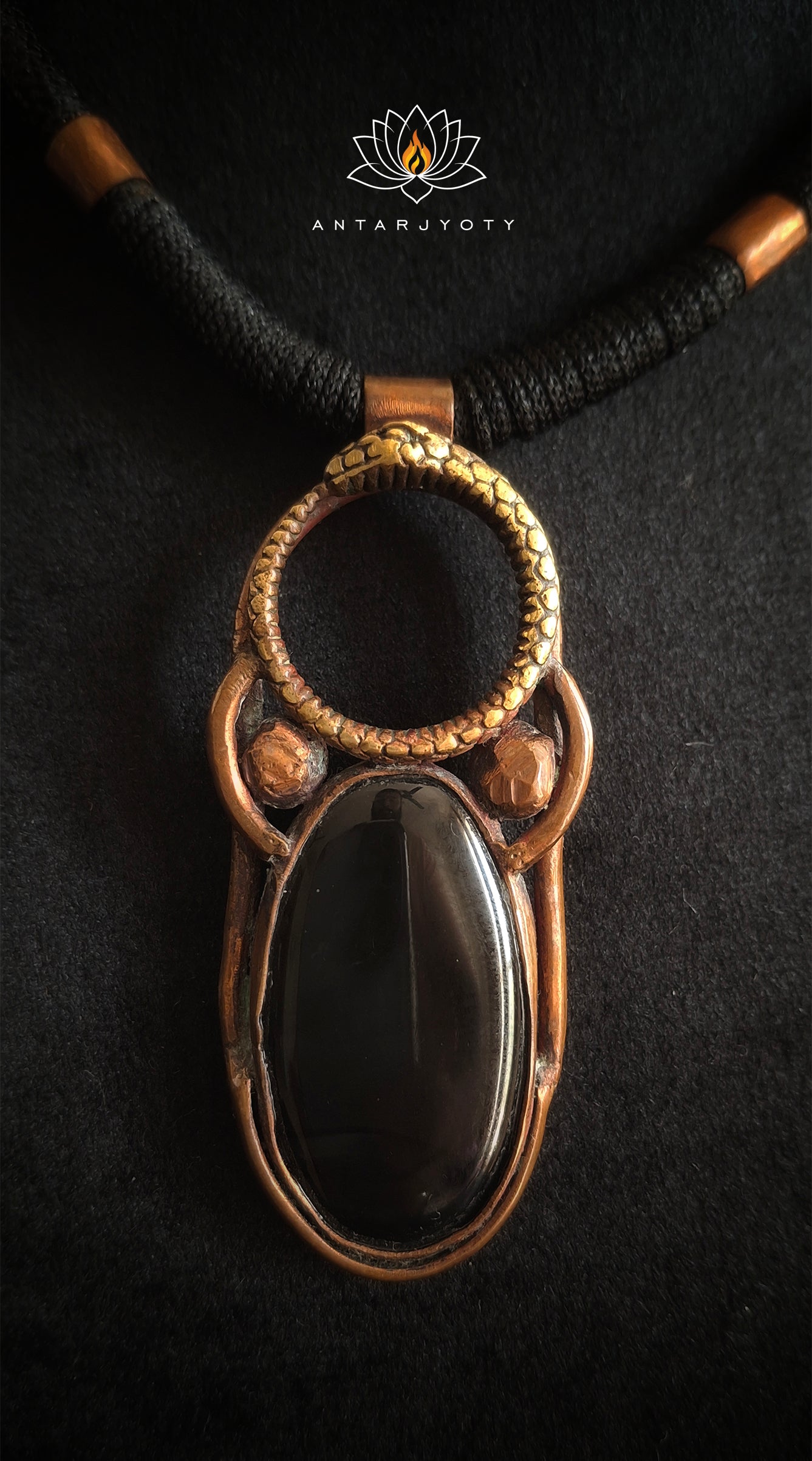 Black Onyx Stone Ouroboros Vintage Copper Pendant