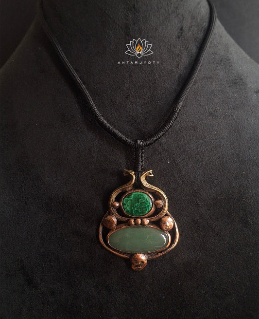 Malachite And Green Aventurine Serpent Vintage Copper Pendant