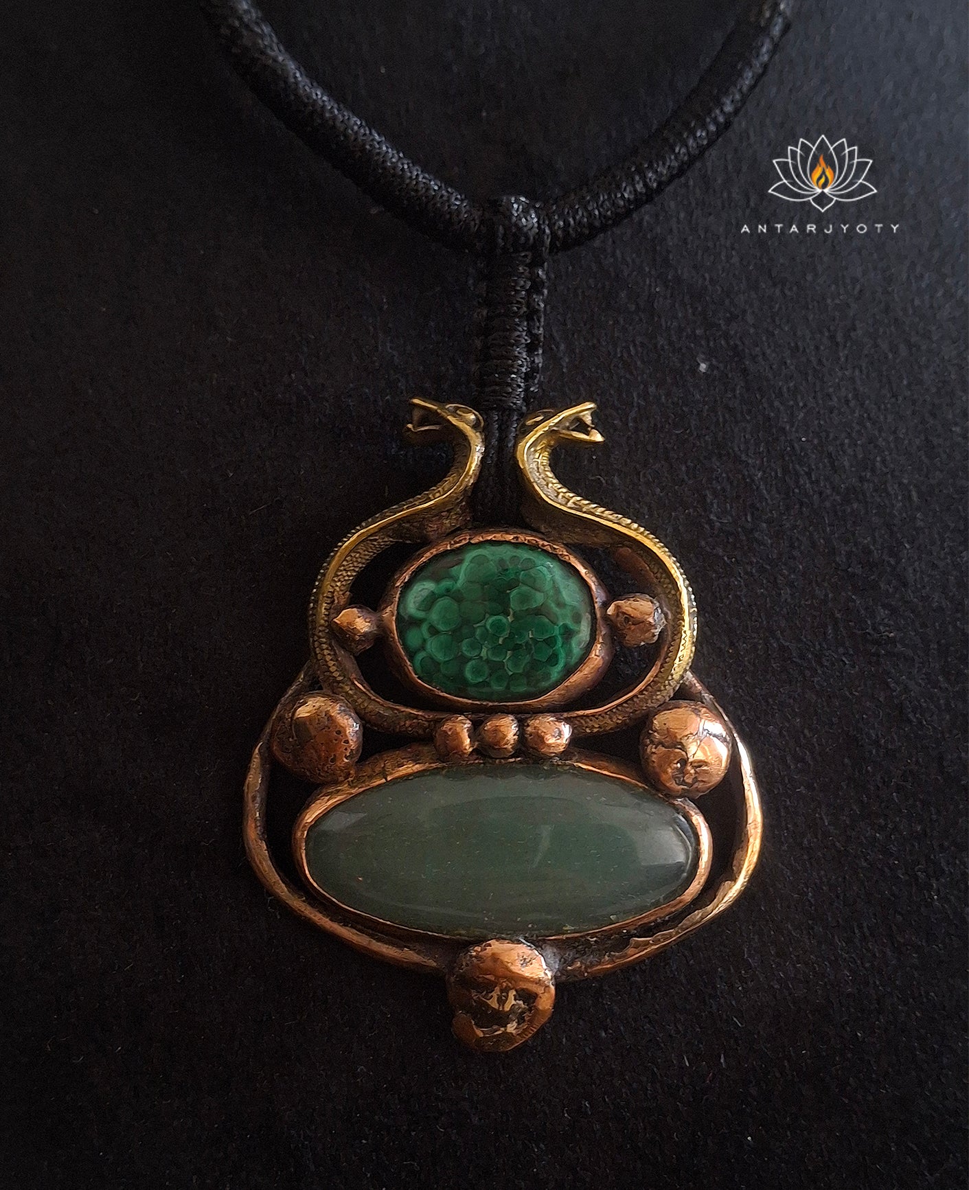 Malachite And Green Aventurine Serpent Vintage Copper Pendant