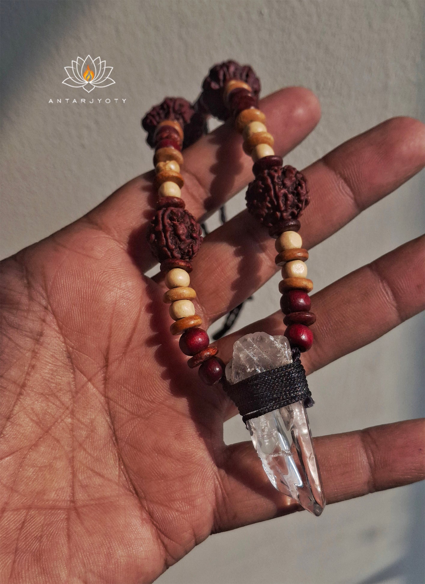 Raw Sphatik (clear quartz) 5 mukhi Rudraksha Pendant