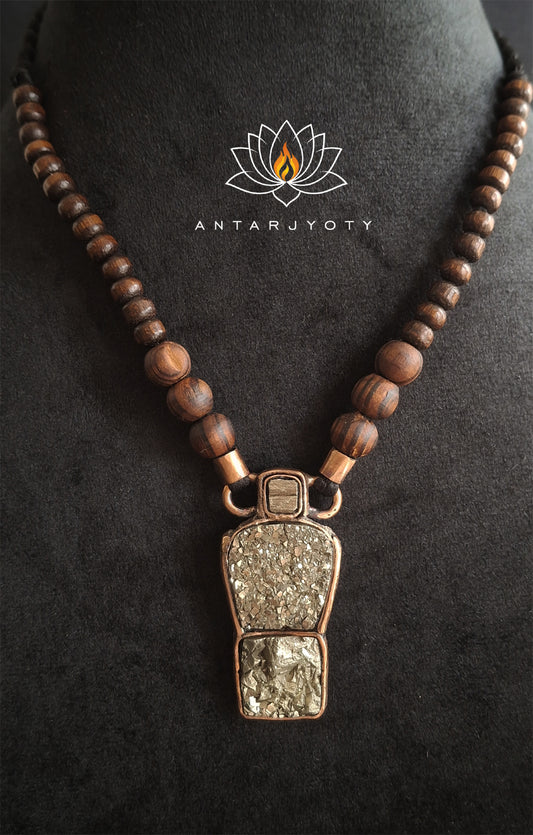 Pyrite Pendant made with Pinewood and vintage Copper