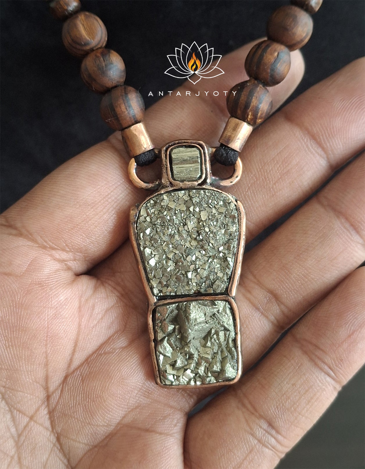 Pyrite Pendant made with Pinewood and vintage Copper