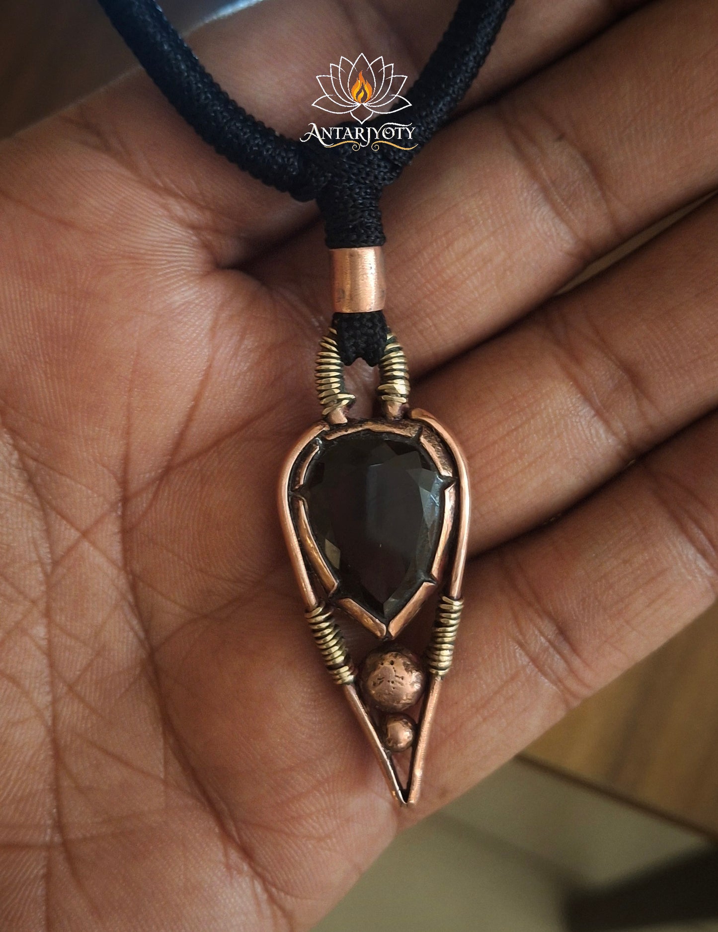 Antique Handcrafted Smoky Quartz Copper Pendant